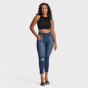 WRUP SNUG Distressed Jeans - High Waisted - 7/8 Length - Dark Blue + Blue Stitching