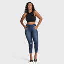 WRUP SNUG Distressed Jeans - High Waisted - 7/8 Length - Dark Blue + Blue Stitching