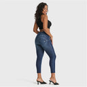 WRUP SNUG Distressed Jeans - High Waisted - 7/8 Length - Dark Blue + Blue Stitching