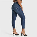 WRUP SNUG Distressed Jeans - High Waisted - 7/8 Length - Dark Blue + Blue Stitching