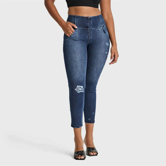 WRUP SNUG Distressed Jeans - High Waisted - 7/8 Length - Dark Blue + Blue Stitching