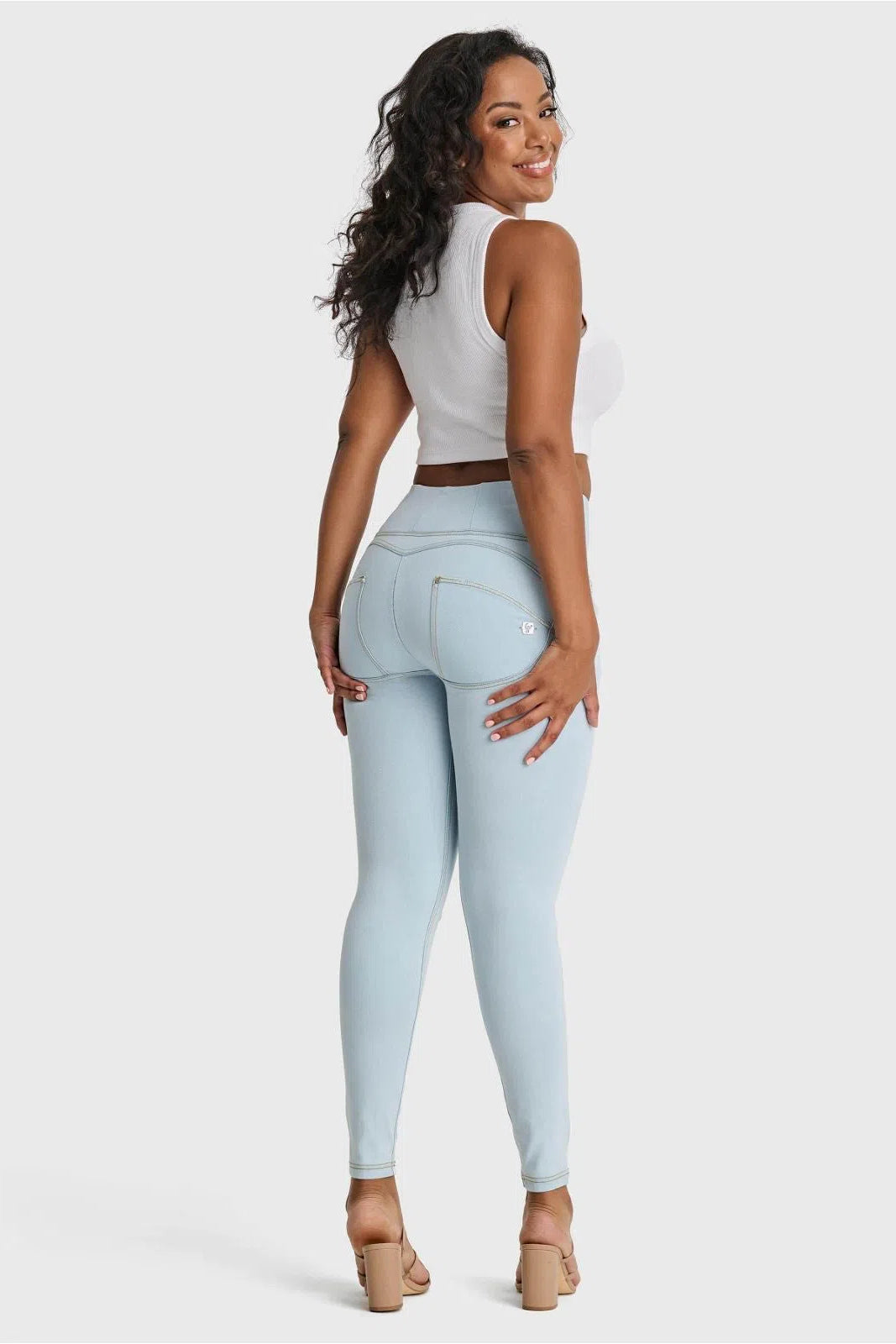 WRUP SNUG Distressed Jeans - High Waisted - Full Length - Baby Blue + Yellow Stitching 3