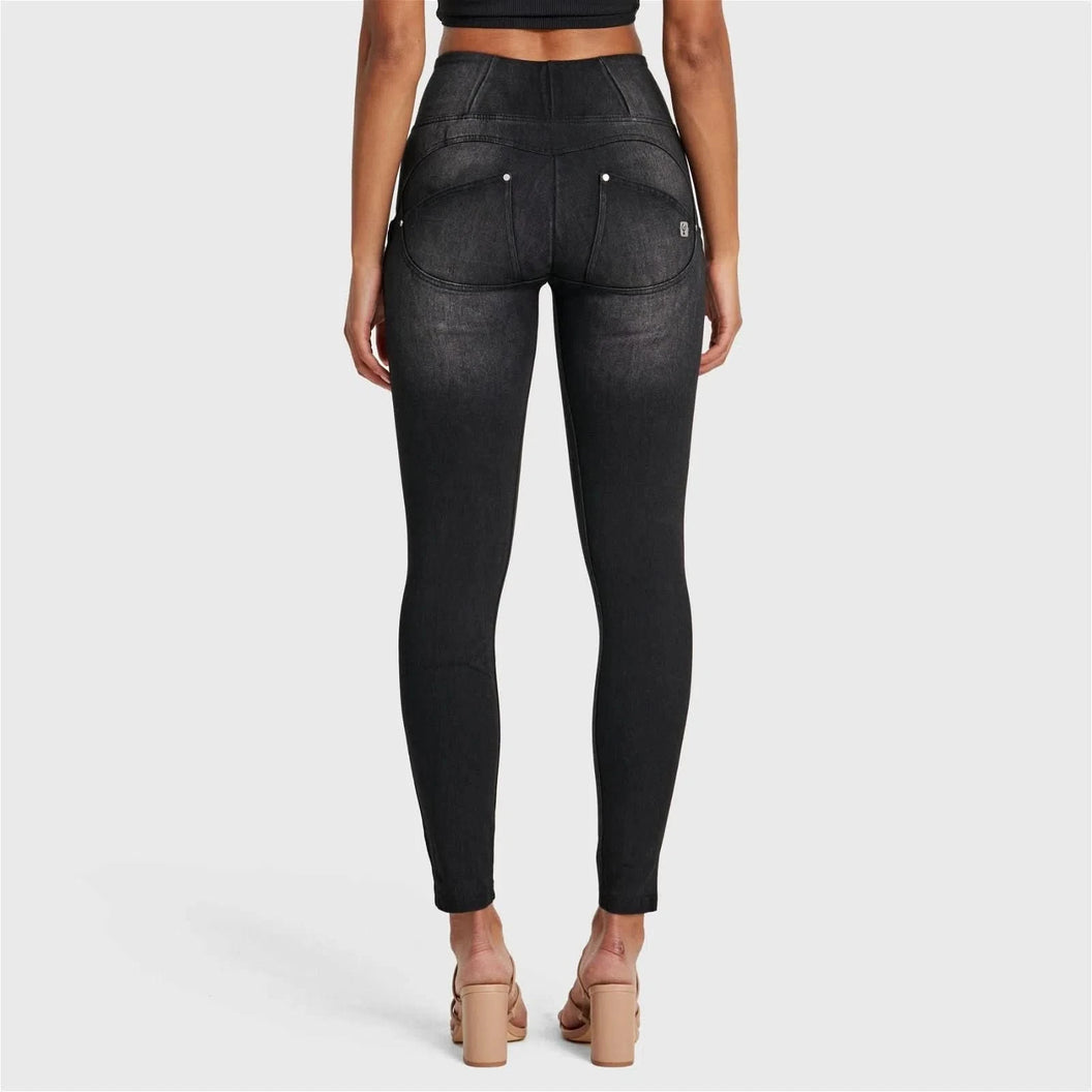 WRUP SNUG Distressed Jeans - High Waisted - Full Length - Black + Black Stitching