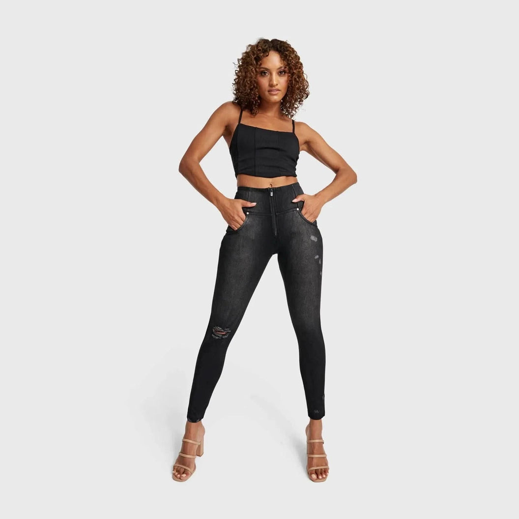 WRUP SNUG Distressed Jeans - High Waisted - Full Length - Black + Black Stitching