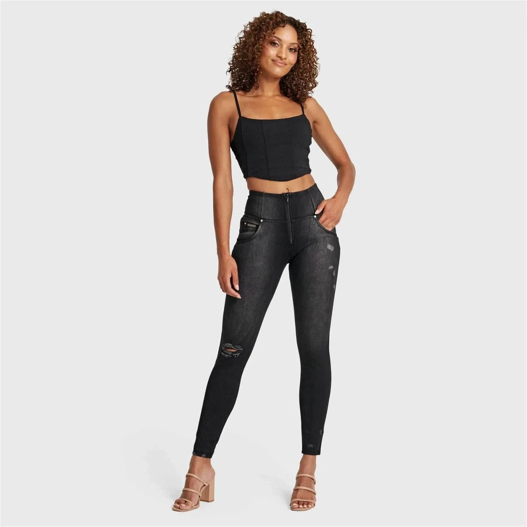 WRUP SNUG Distressed Jeans - High Waisted - Full Length - Black + Black Stitching