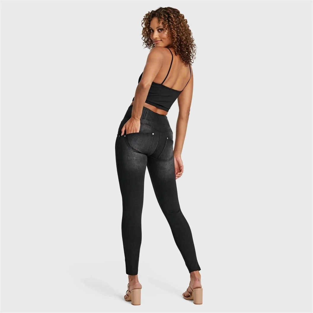 WRUP SNUG Distressed Jeans - High Waisted - Full Length - Black + Black Stitching