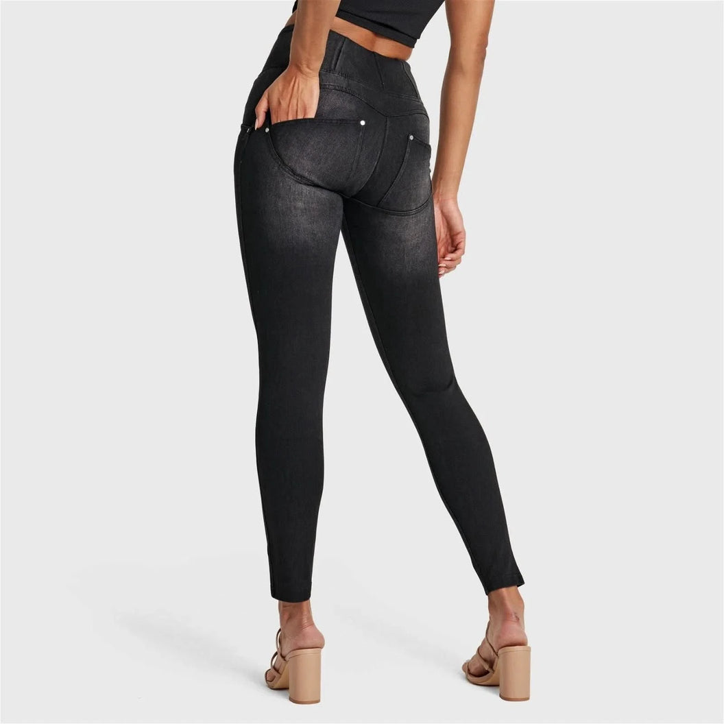 WRUP SNUG Distressed Jeans - High Waisted - Full Length - Black + Black Stitching