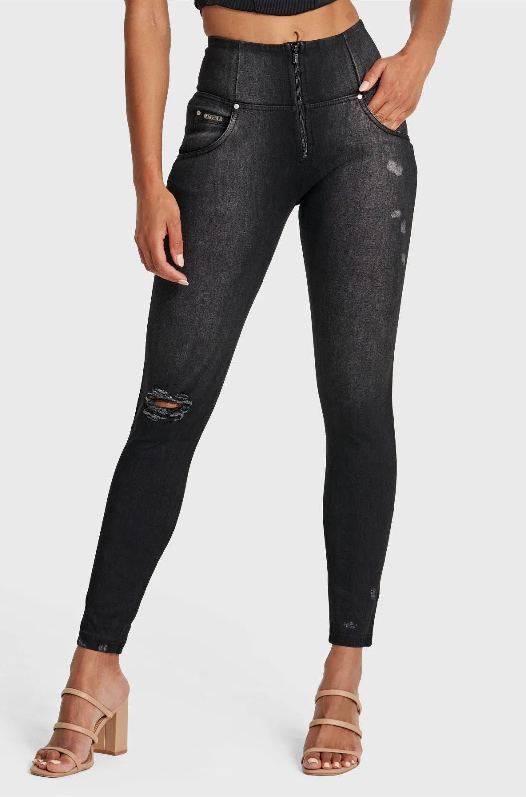 WRUP SNUG Distressed Jeans - High Waisted - Full Length - Black + Black Stitching