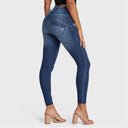 WRUP SNUG Distressed Jeans - High Waisted - Full Length - Dark Blue + Blue Stitching