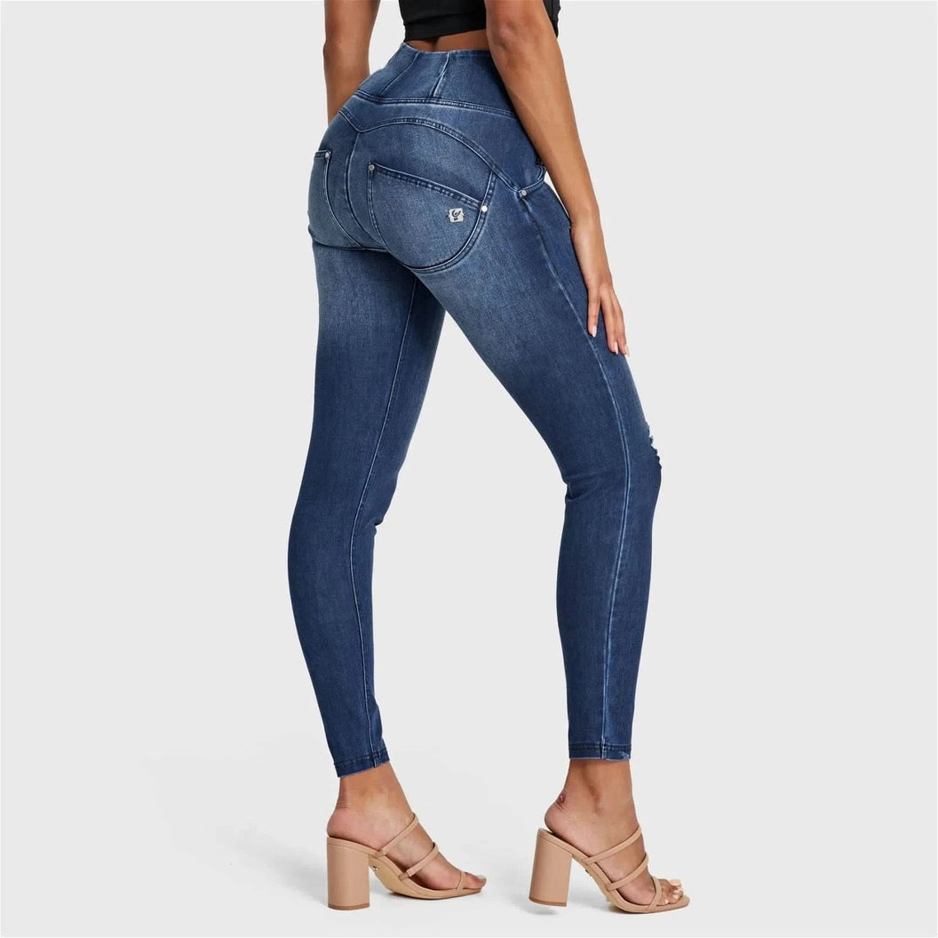 WRUP SNUG Distressed Jeans - High Waisted - Full Length - Dark Blue + Blue Stitching