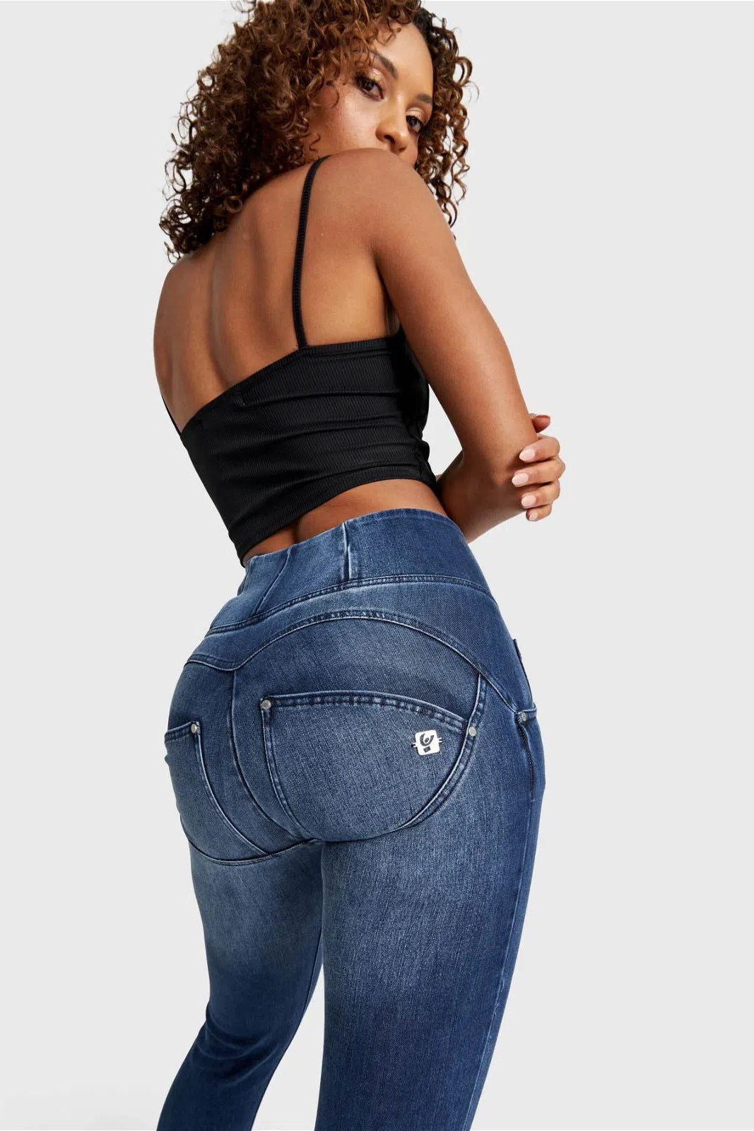 WRUP SNUG Distressed Jeans - High Waisted - Full Length - Dark Blue + Blue Stitching 2