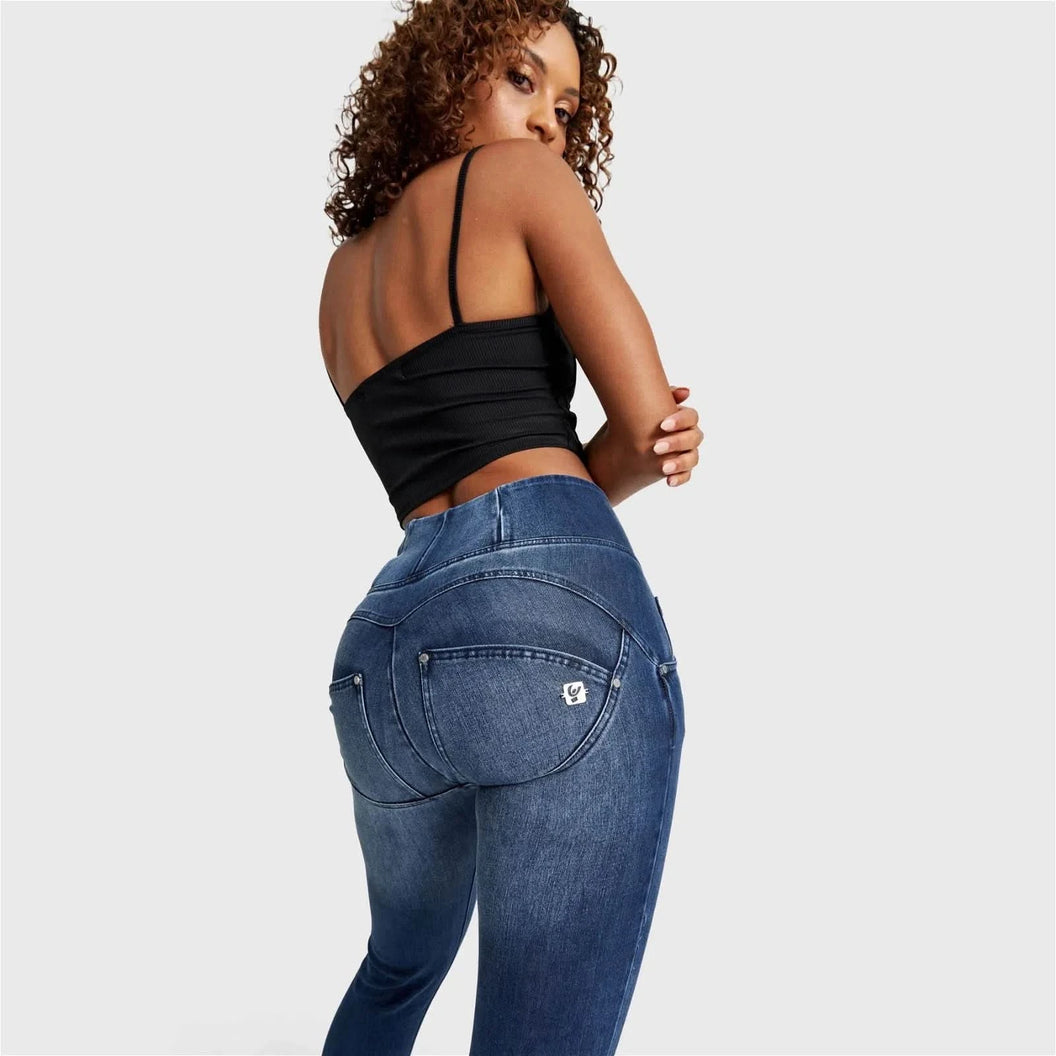 WRUP SNUG Distressed Jeans - High Waisted - Full Length - Dark Blue + Blue Stitching