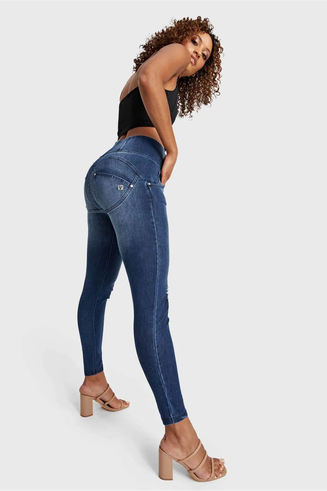WRUP SNUG Distressed Jeans - High Waisted - Full Length - Dark Blue + Blue Stitching 3