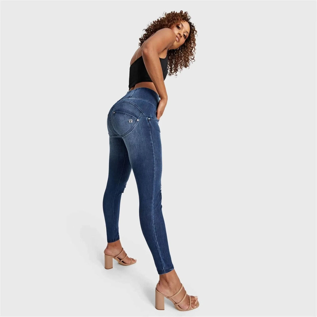 WRUP SNUG Distressed Jeans - High Waisted - Full Length - Dark Blue + Blue Stitching