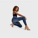 WRUP SNUG Distressed Jeans - High Waisted - Full Length - Dark Blue + Blue Stitching