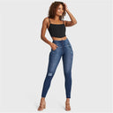 WRUP SNUG Distressed Jeans - High Waisted - Full Length - Dark Blue + Blue Stitching
