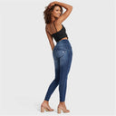 WRUP SNUG Distressed Jeans - High Waisted - Full Length - Dark Blue + Blue Stitching
