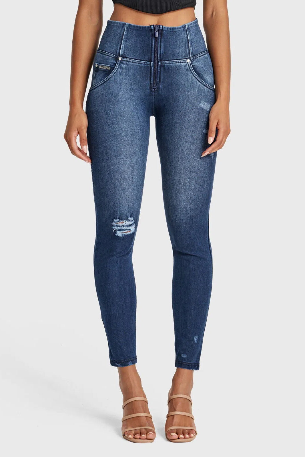 WRUP SNUG Distressed Jeans - High Waisted - Full Length - Dark Blue + Blue Stitching 1