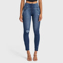 WRUP SNUG Distressed Jeans - High Waisted - Full Length - Dark Blue + Blue Stitching