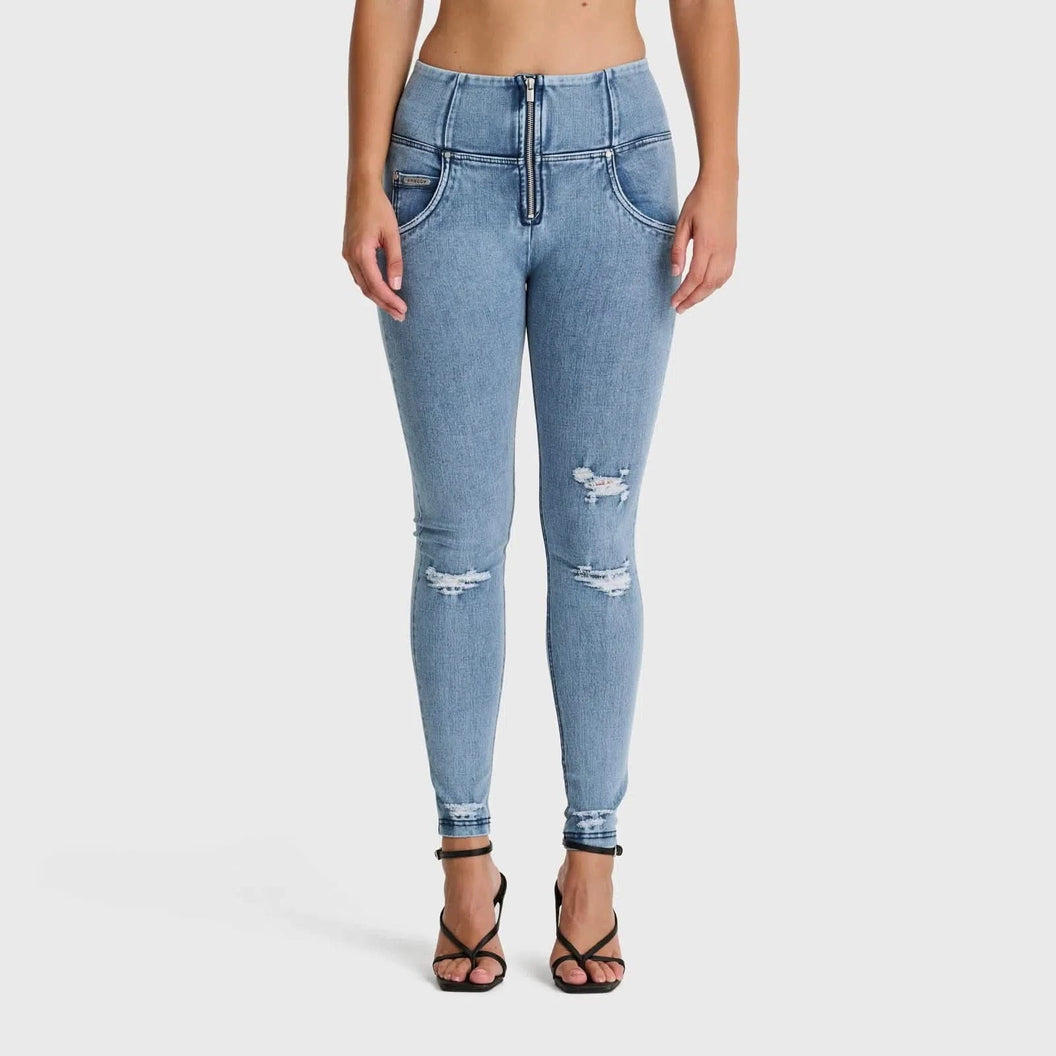 WRUP SNUG Distressed Jeans - High Waisted - Full Length - Light Blue + Blue Stitching