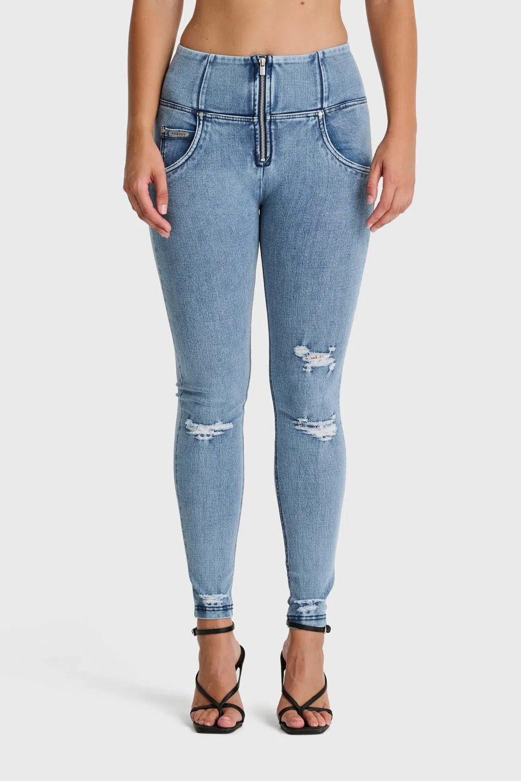 WRUP SNUG Distressed Jeans - High Waisted - Full Length - Light Blue + Blue Stitching 3