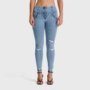 WRUP SNUG Distressed Jeans - High Waisted - Full Length - Light Blue + Blue Stitching
