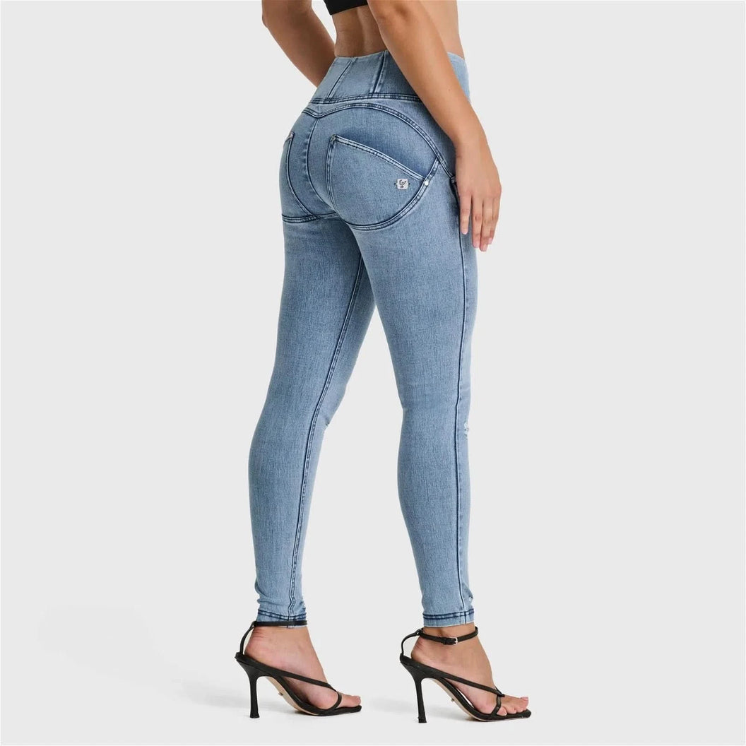 WRUP SNUG Distressed Jeans - High Waisted - Full Length - Light Blue + Blue Stitching