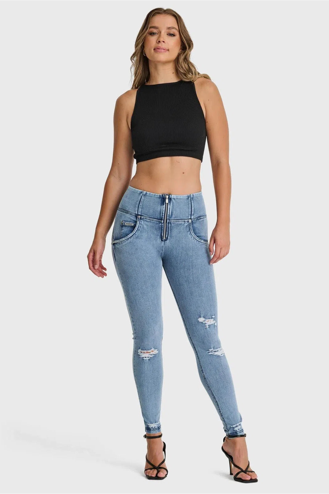WRUP SNUG Distressed Jeans - High Waisted - Full Length - Light Blue + Blue Stitching 1