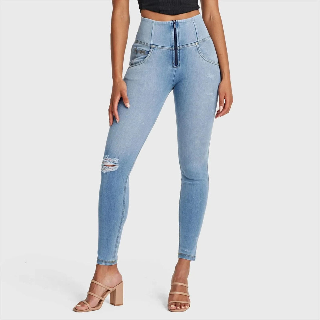 WRUP SNUG Distressed Jeans - High Waisted - Full Length - Light Blue + Yellow Stitching