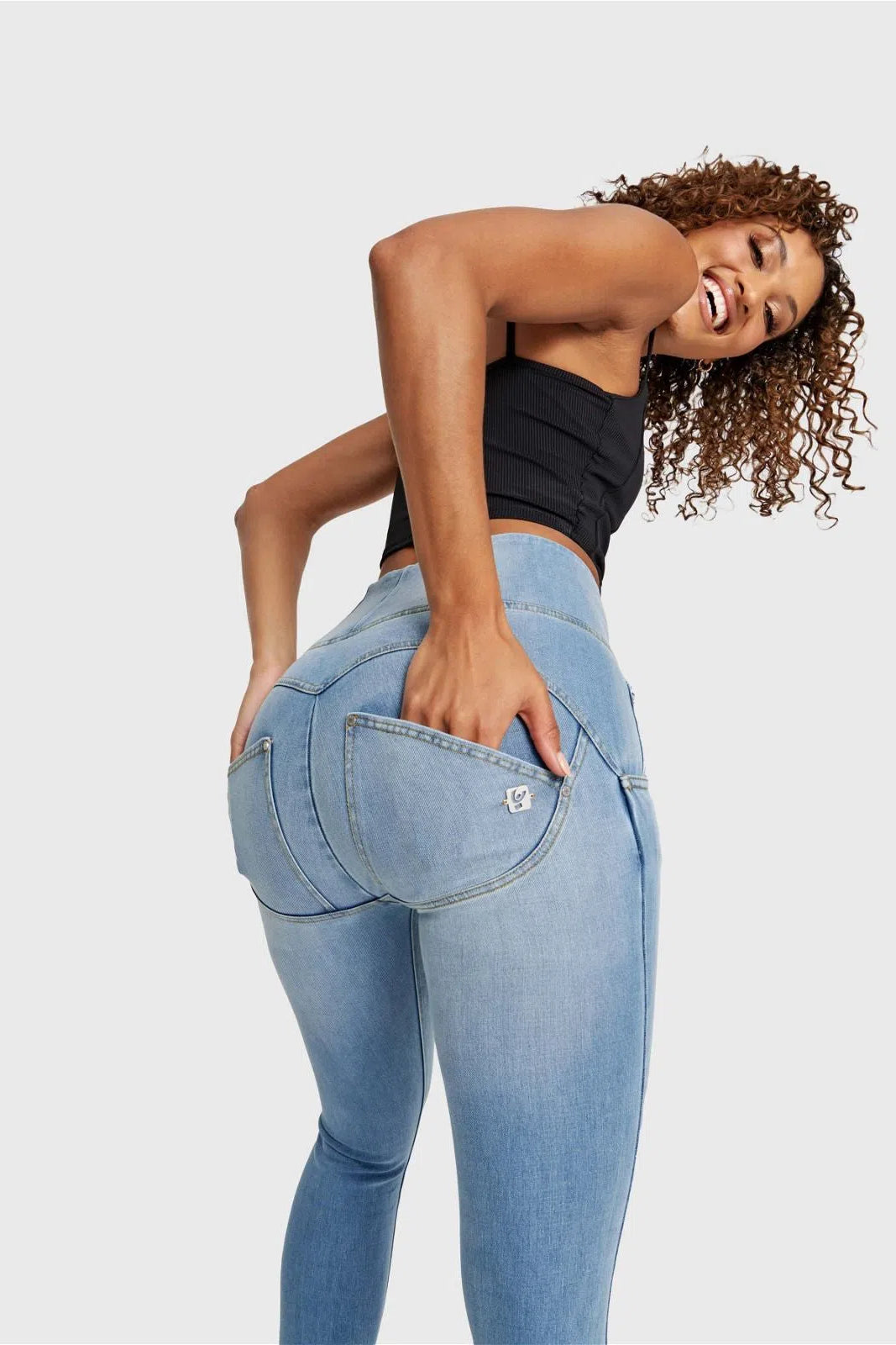 WRUP SNUG Distressed Jeans - High Waisted - Full Length - Light Blue + Yellow Stitching 3