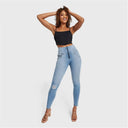 WRUP SNUG Distressed Jeans - High Waisted - Full Length - Light Blue + Yellow Stitching