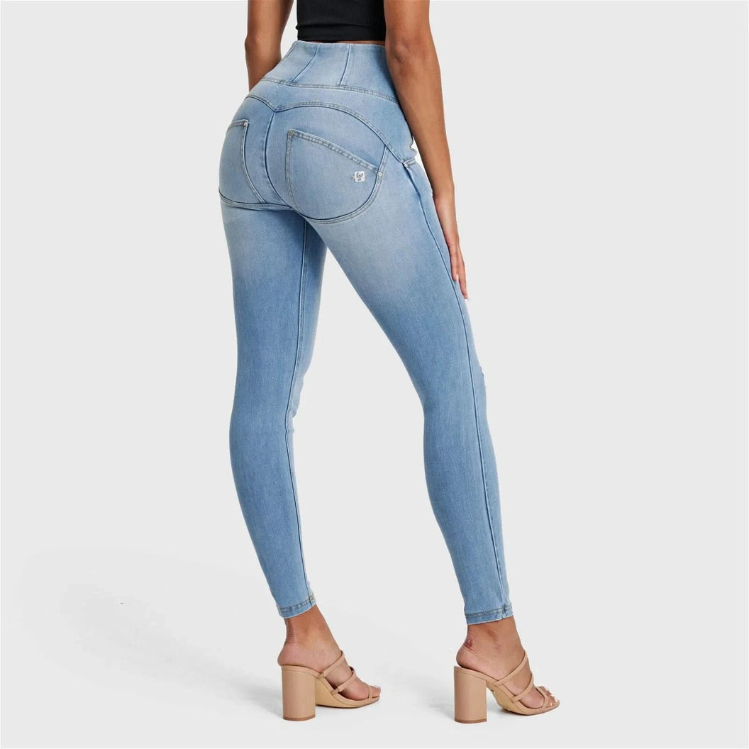 WRUP SNUG Distressed Jeans - High Waisted - Full Length - Light Blue + Yellow Stitching