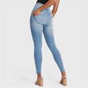 WRUP SNUG Distressed Jeans - High Waisted - Full Length - Light Blue + Yellow Stitching