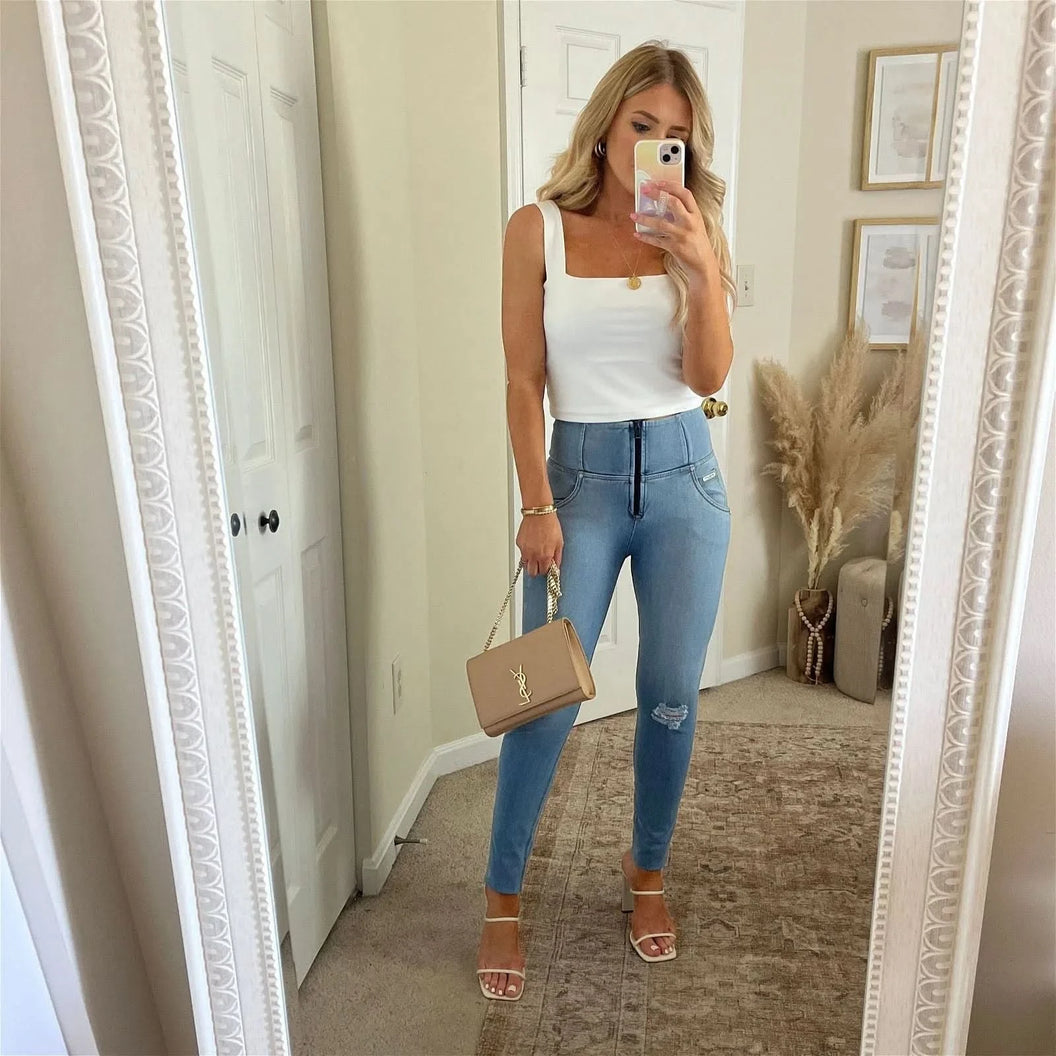 WRUP SNUG Distressed Jeans - High Waisted - Full Length - Light Blue + Yellow Stitching