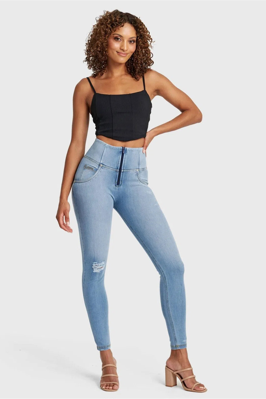 WRUP SNUG Distressed Jeans - High Waisted - Full Length - Light Blue + Yellow Stitching 2