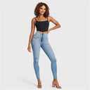 WRUP SNUG Distressed Jeans - High Waisted - Full Length - Light Blue + Yellow Stitching