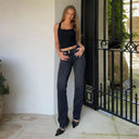 WRUP SNUG Jeans - 2 Button High Waisted - Bootcut - Black + Black Stitching
