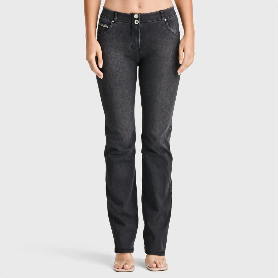 WRUP SNUG Jeans - 2 Button High Waisted - Bootcut - Black + Black Stitching