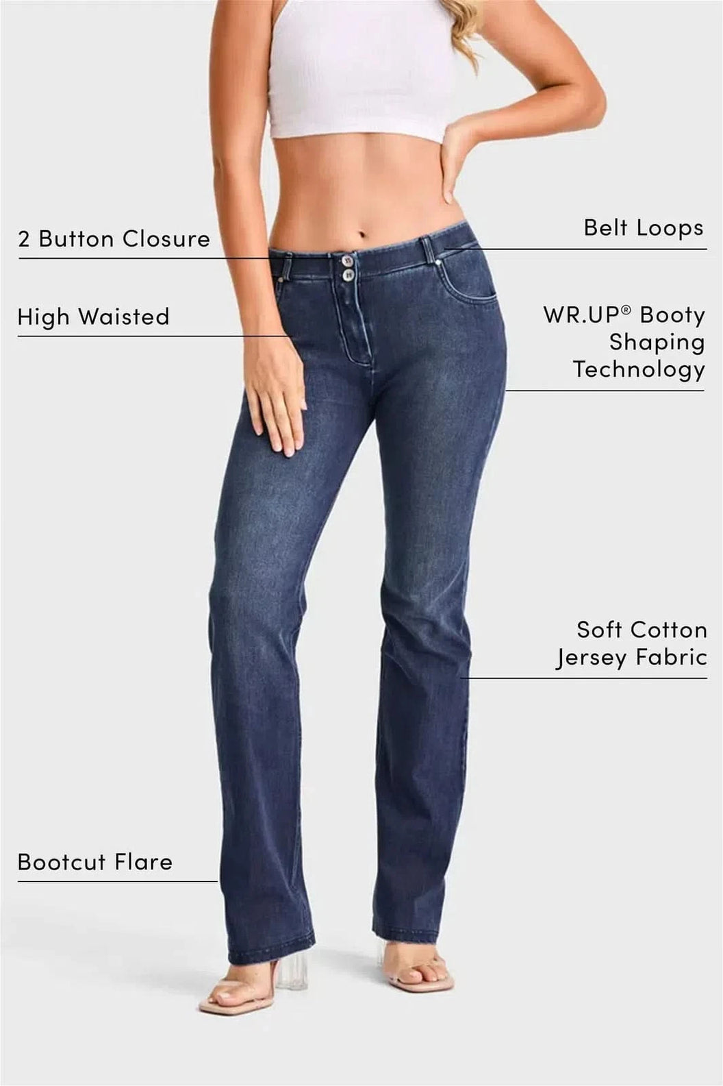 WRUP SNUG Jeans - 2 Button High Waisted - Bootcut - Dark Blue + Blue Stitching