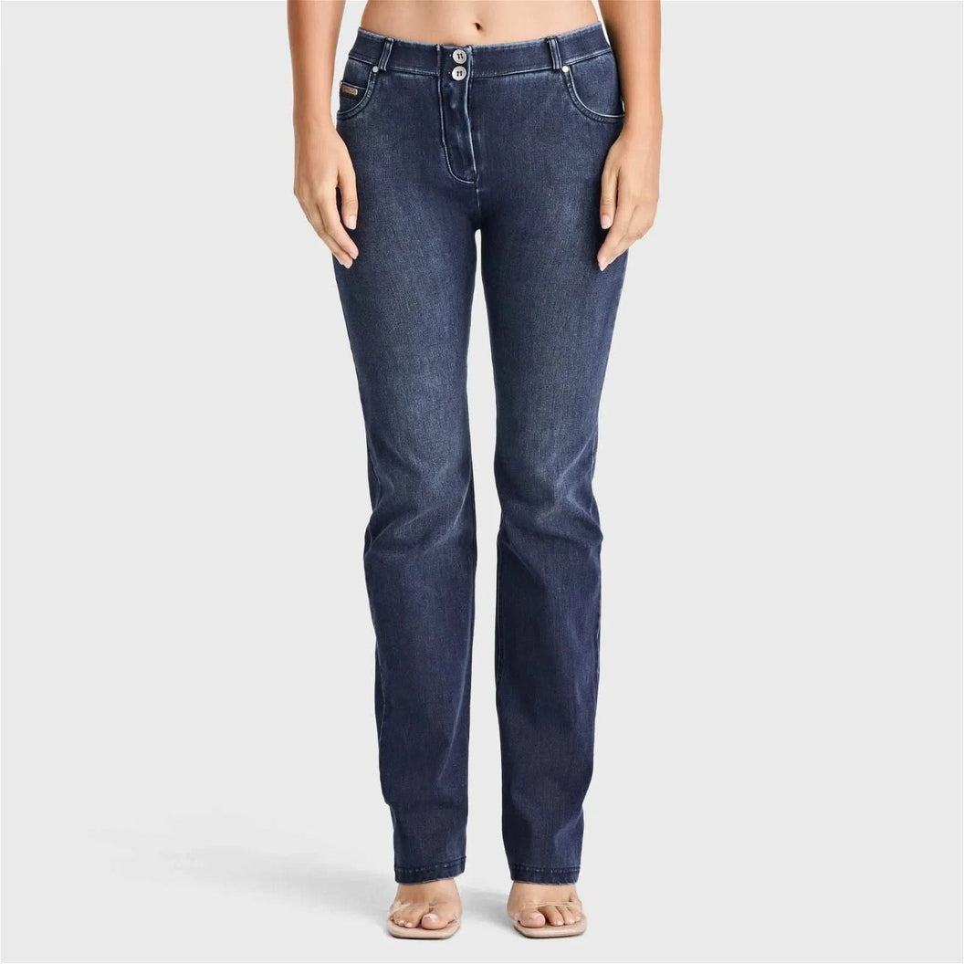 WRUP SNUG Jeans - 2 Button High Waisted - Bootcut - Dark Blue + Blue Stitching