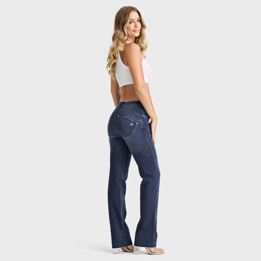 WRUP SNUG Jeans - 2 Button High Waisted - Bootcut - Dark Blue + Blue Stitching