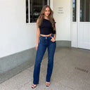 WRUP SNUG Jeans - 2 Button High Waisted - Bootcut - Dark Blue + Blue Stitching
