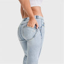 WRUP SNUG Jeans - 2 Button High Waisted - Bootcut - Light Blue + Yellow Stitching