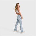 WRUP SNUG Jeans - 2 Button High Waisted - Bootcut - Light Blue + Yellow Stitching
