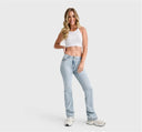 WRUP SNUG Jeans - 2 Button High Waisted - Bootcut - Light Blue + Yellow Stitching