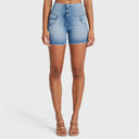 WRUP SNUG Jeans - 3 Button High Waisted - Shorts - Light Blue + Blue Stitching