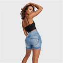 WRUP SNUG Jeans - 3 Button High Waisted - Shorts - Light Blue + Blue Stitching
