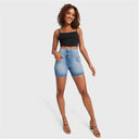 WRUP SNUG Jeans - 3 Button High Waisted - Shorts - Light Blue + Blue Stitching