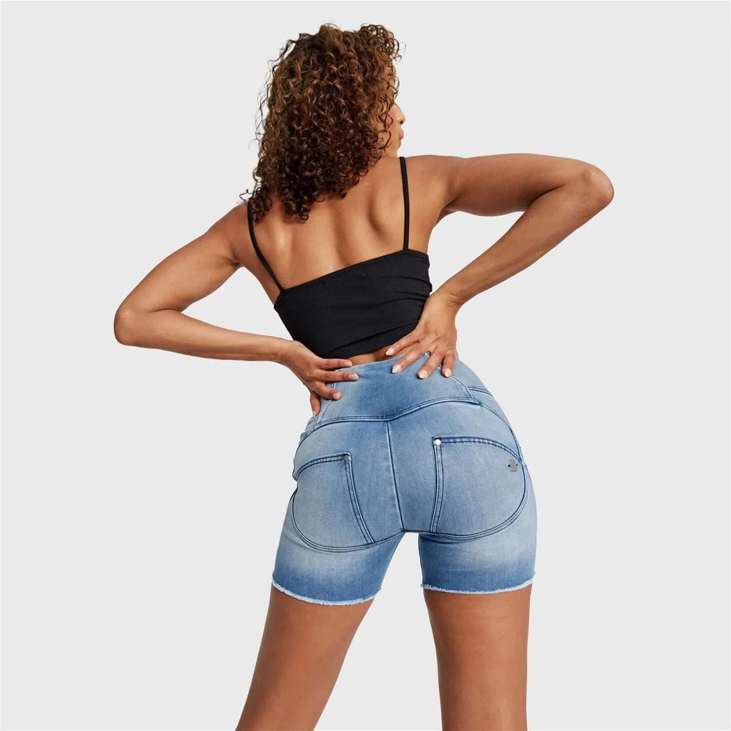 WRUP SNUG Jeans - 3 Button High Waisted - Shorts - Light Blue + Blue Stitching