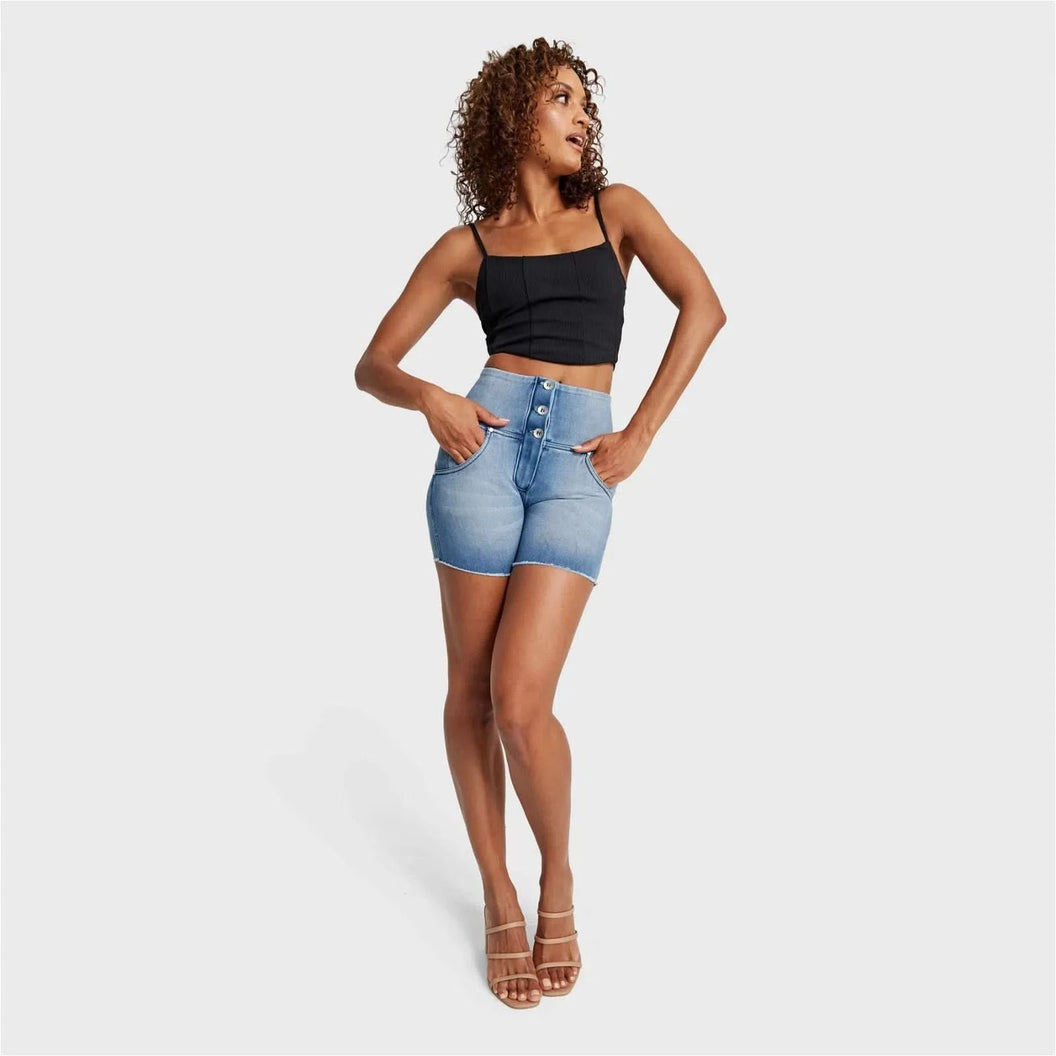 WRUP SNUG Jeans - 3 Button High Waisted - Shorts - Light Blue + Blue Stitching